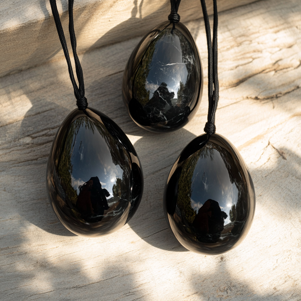 Black Obsidian Yoni Egg Set – 3 Piece Drilled Yoni Eggs – Natural Healing Crystal – Kegel Exercise Pelvic Floor Strengthening